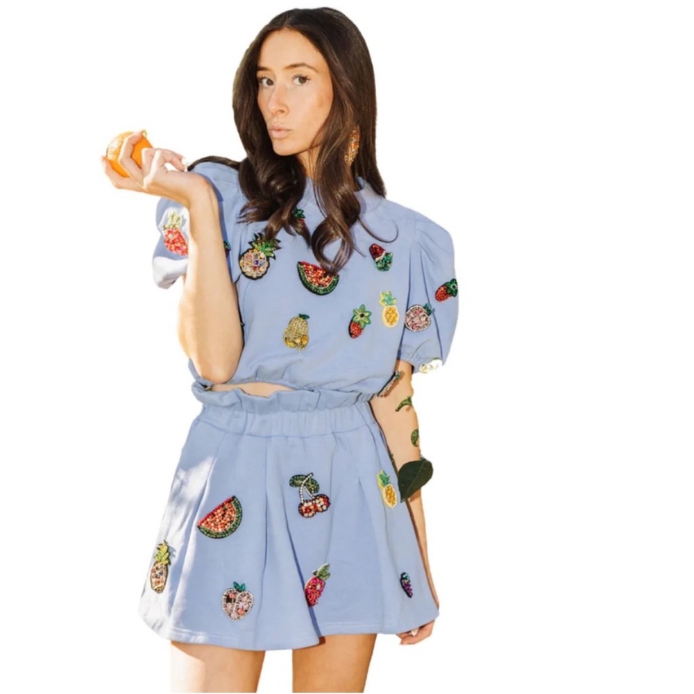Queen of Sparkles QOS 3D Fruit skort shorts sequin embellished
